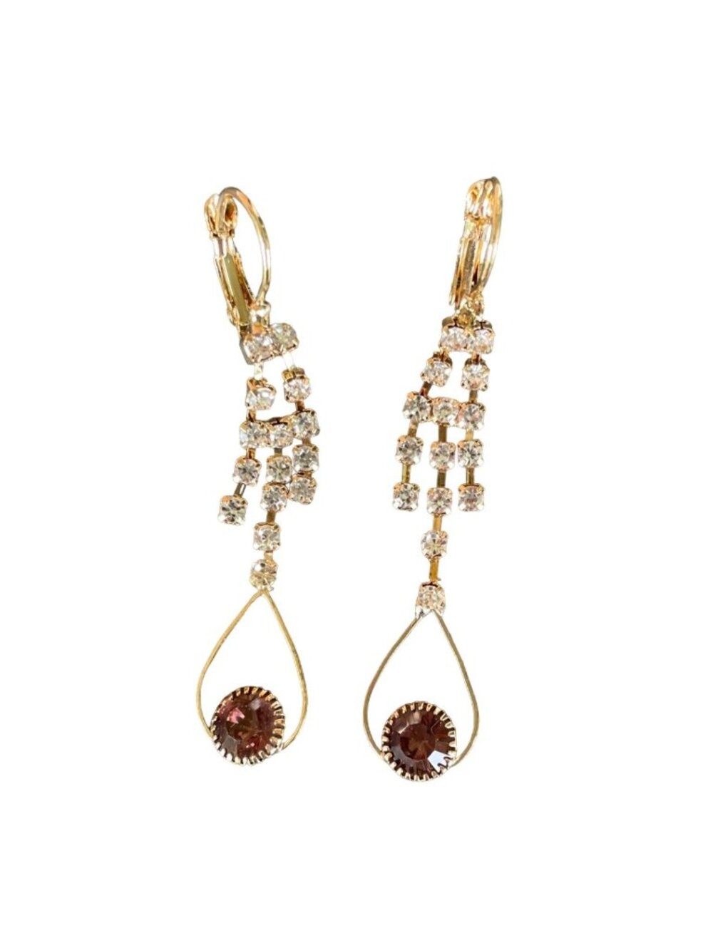 Goldtone Dangling Earrings 2 in Clear and Brown Rhinestones Fall Glam